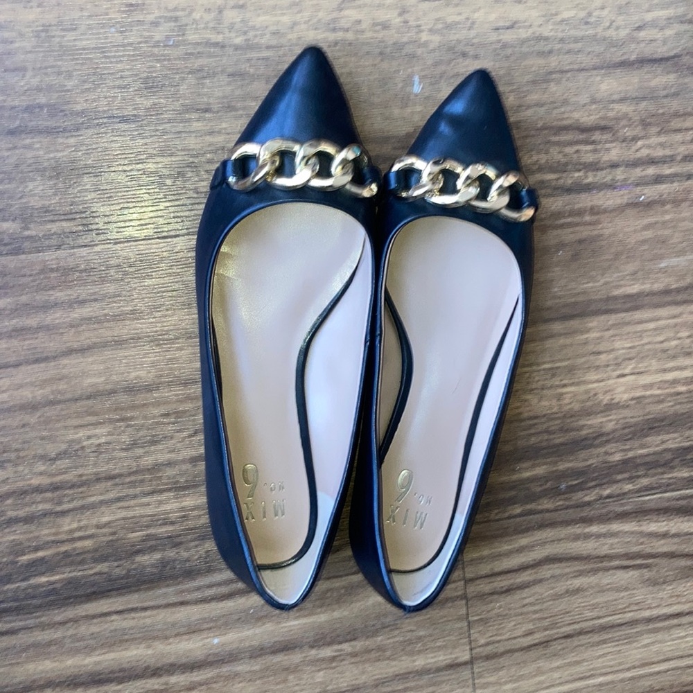 Gold and Black Flats with Metallic Chain Detail